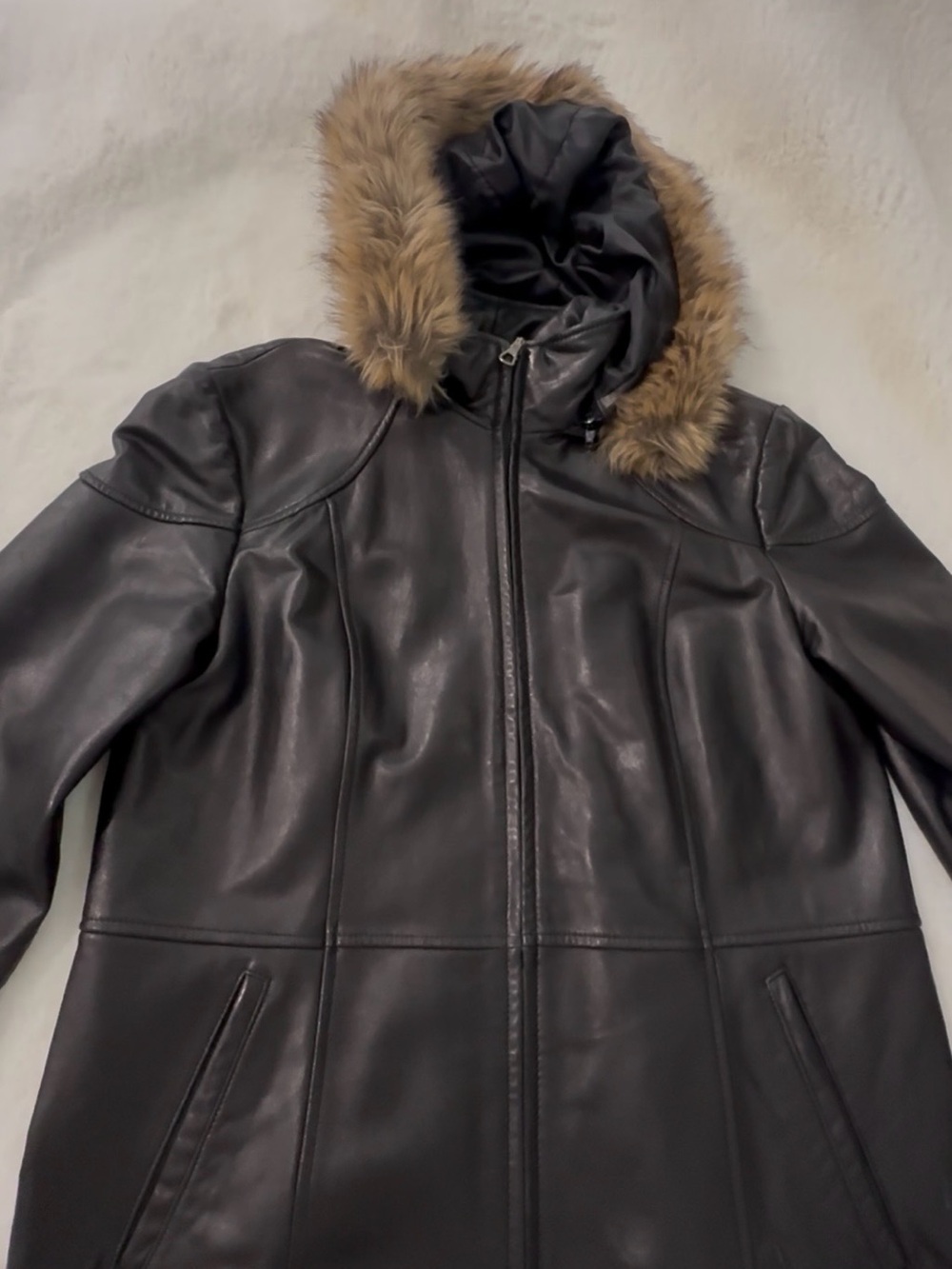 Women's Black Leather Hooded Jacket with Faux Fur Trim